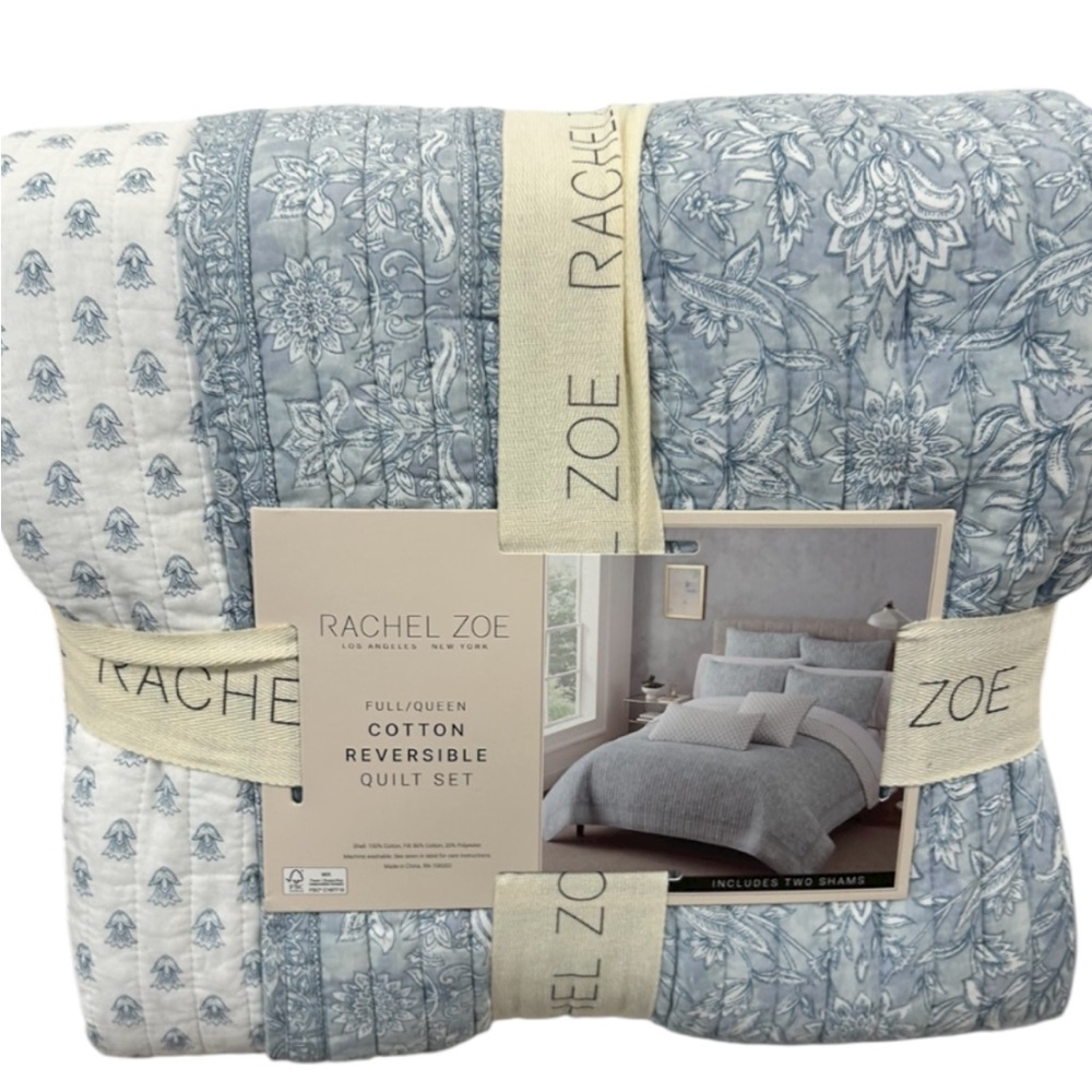 Rachel Zoe Blue and White Full/Queen Cotton Reversible Quilt Set 88”x92”
